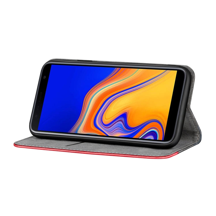 Business Solid Color Stitching Horizontal Flip Leather Case for Galaxy J4+, with Holder & Card Slots & Wallet & Lanyard