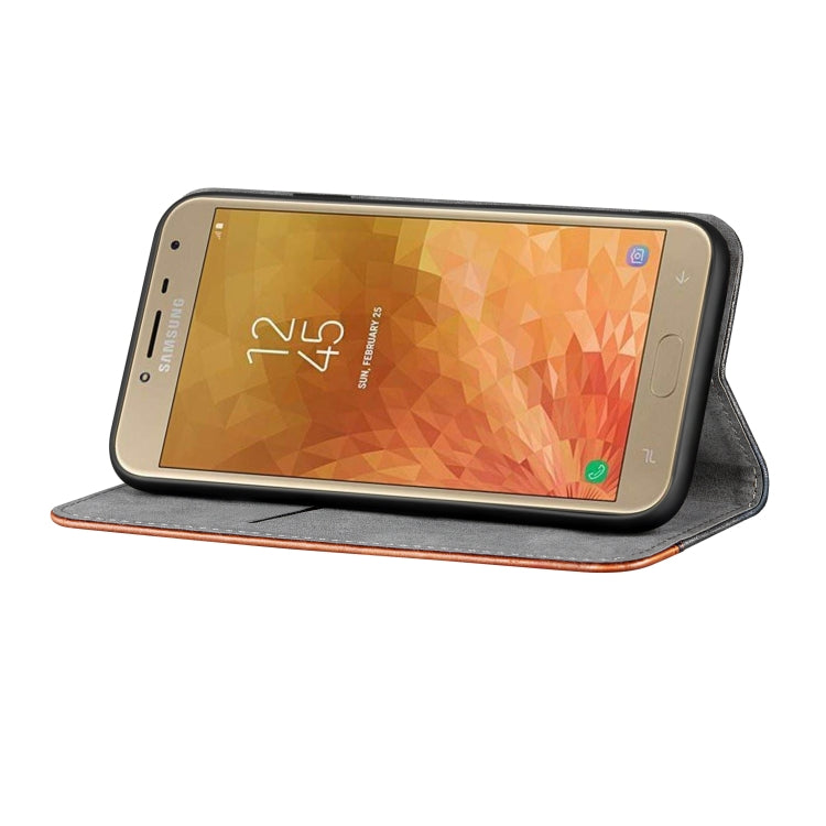 Business Solid Color Stitching Horizontal Flip Leather Case for Galaxy J4, with Holder & Card Slots & Wallet & Lanyard