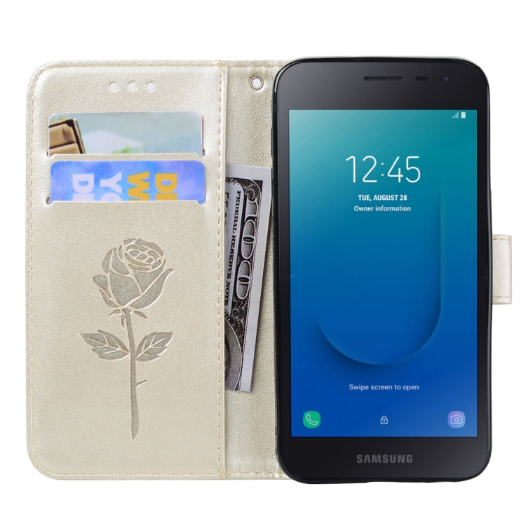 Rose Embossed Horizontal Flip PU Leather Case for Galaxy J2 Core, with Holder & Card Slots & Wallet