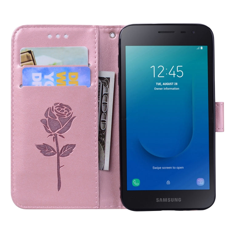 Rose Embossed Horizontal Flip PU Leather Case for Galaxy J2 Core, with Holder & Card Slots & Wallet