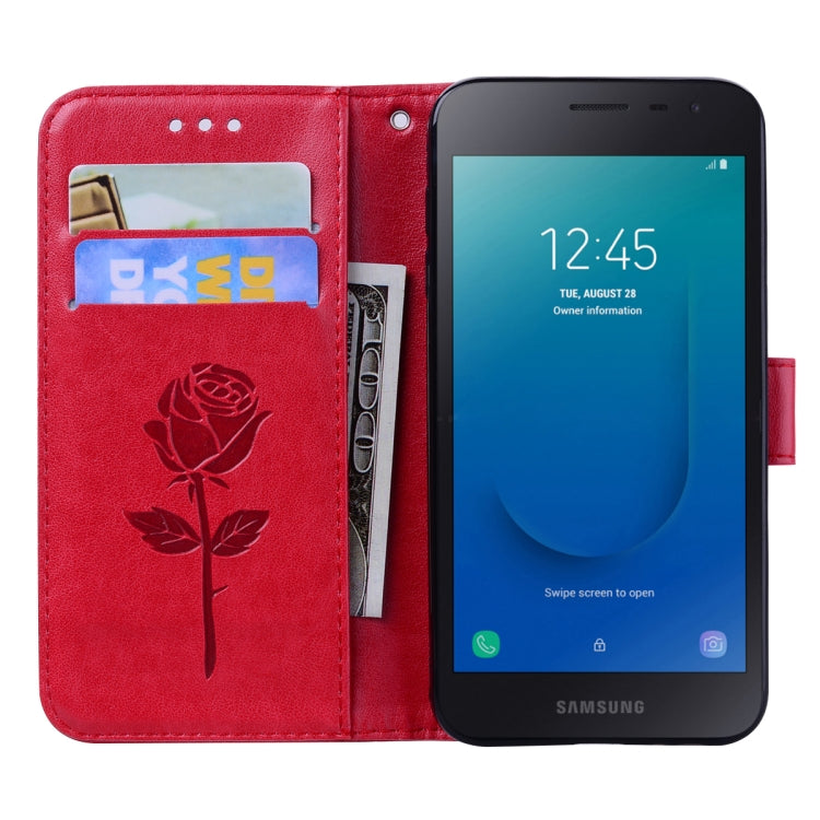 Rose Embossed Horizontal Flip PU Leather Case for Galaxy J2 Core, with Holder & Card Slots & Wallet