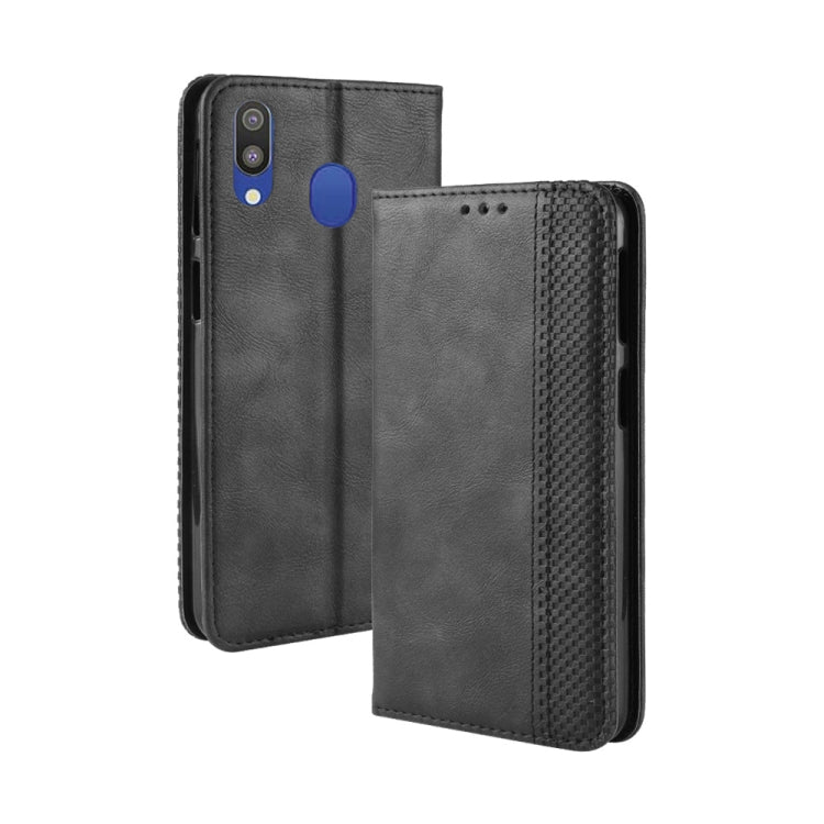 Magnetic Buckle Retro Texture Horizontal Flip Leather Case for Galaxy M20, with Holder & Card Slots & Wallet