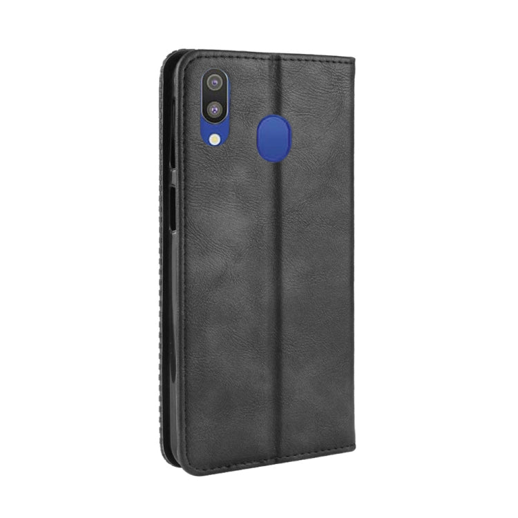 Magnetic Buckle Retro Texture Horizontal Flip Leather Case for Galaxy M20, with Holder & Card Slots & Wallet