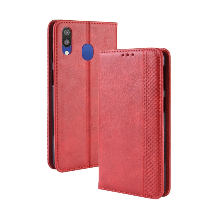 Magnetic Buckle Retro Texture Horizontal Flip Leather Case for Galaxy M20, with Holder & Card Slots & Wallet