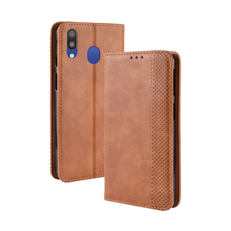 Magnetic Buckle Retro Texture Horizontal Flip Leather Case for Galaxy M20, with Holder & Card Slots & Wallet