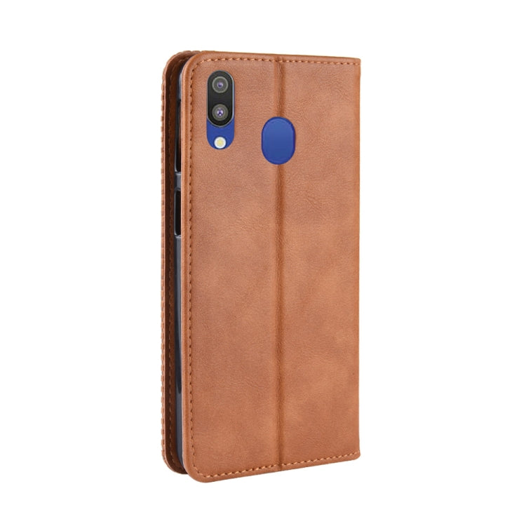 Magnetic Buckle Retro Texture Horizontal Flip Leather Case for Galaxy M20, with Holder & Card Slots & Wallet