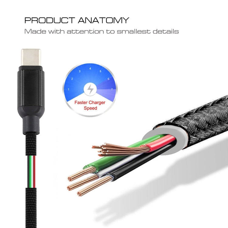 3A USB to USB-C / Type-C Braided Data Cable, Cable Length: 1m