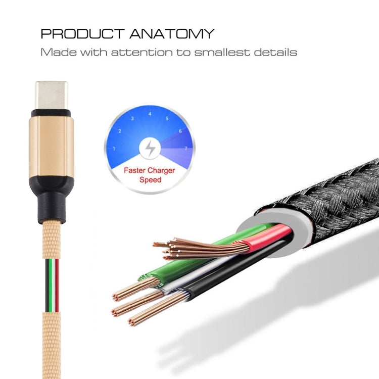 3A USB to USB-C / Type-C Braided Data Cable, Cable Length: 1m