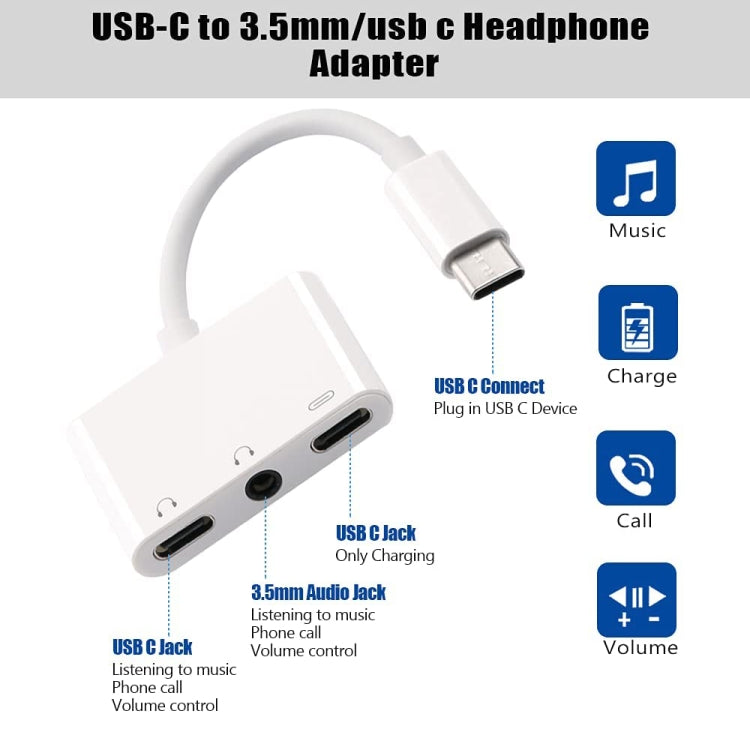 3 in 1 USB-C + 3.5mm + 3.5mm to USB-C Digital Charge Audio Adapter (White)