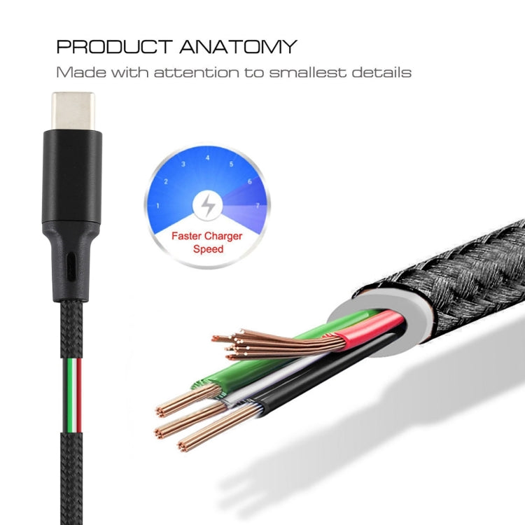 2A USB to USB-C / Type-C Braided Data Cable, Cable Length: 1m