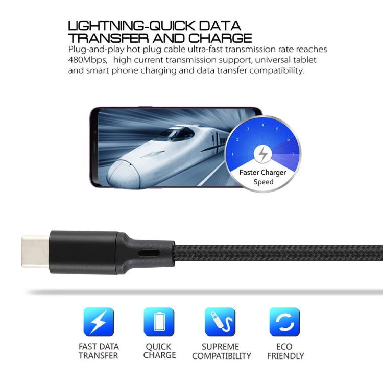 2A USB to USB-C / Type-C Braided Data Cable, Cable Length: 1m