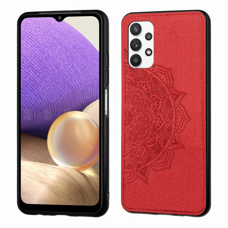 For Samsung Galaxy A32 4G Mandala Embossed Cloth Cover PC + TPU Mobile Phone Case with Magnetic Function and Hand Strap