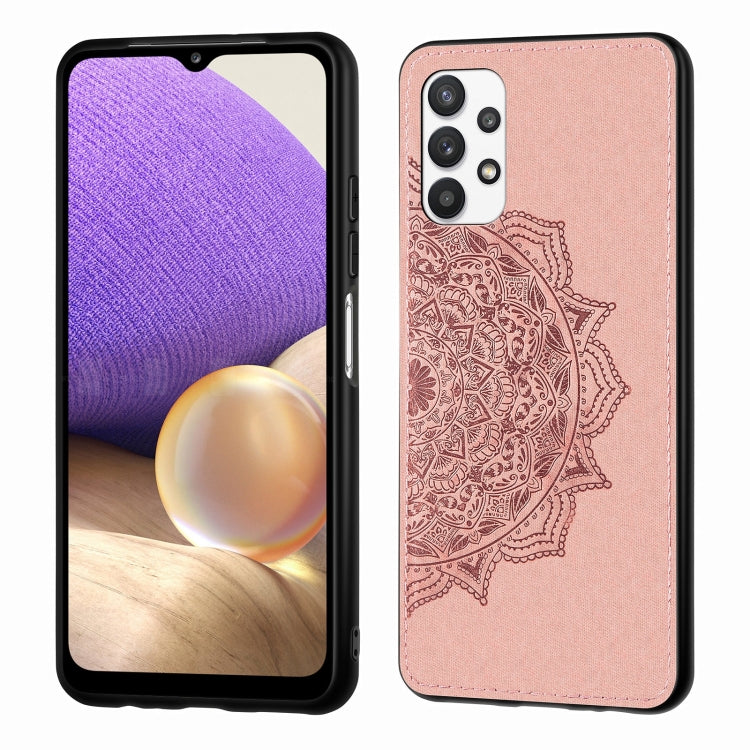 For Samsung Galaxy A32 4G Mandala Embossed Cloth Cover PC + TPU Mobile Phone Case with Magnetic Function and Hand Strap