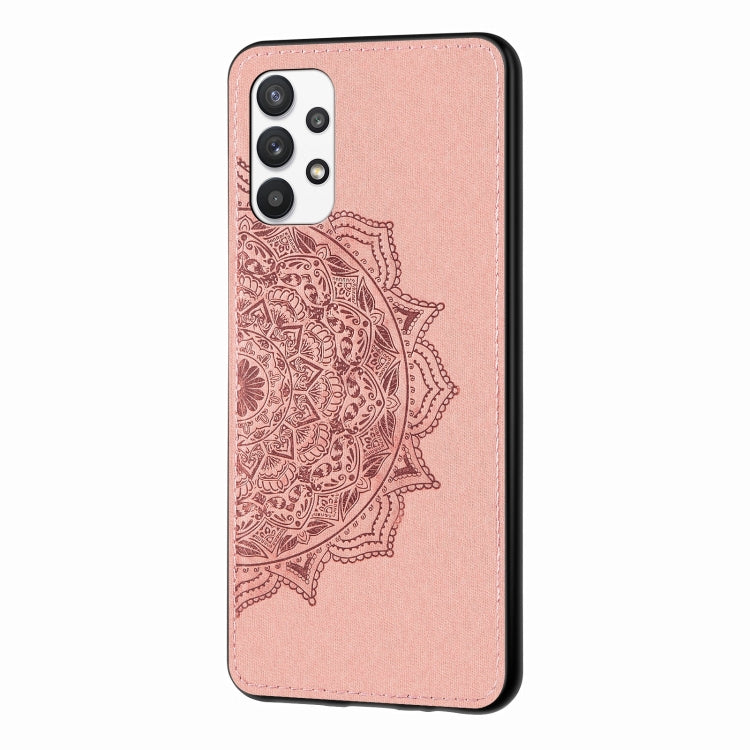 For Samsung Galaxy A32 4G Mandala Embossed Cloth Cover PC + TPU Mobile Phone Case with Magnetic Function and Hand Strap