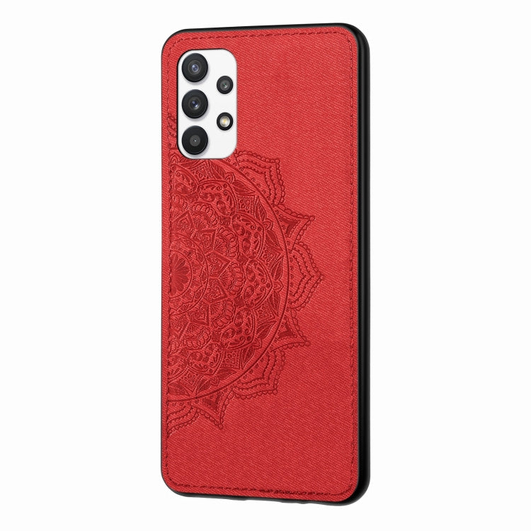 For Samsung Galaxy A32 4G Mandala Embossed Cloth Cover PC + TPU Mobile Phone Case with Magnetic Function and Hand Strap