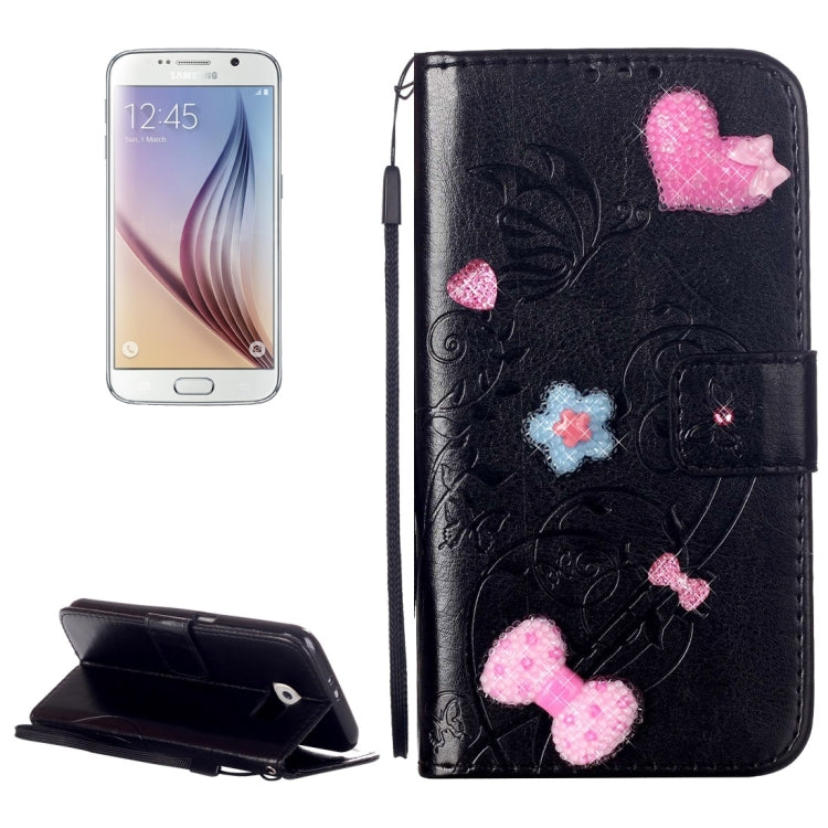 For Galaxy S6 / G920 Heart Diamond Encrusted Flowers Embossing Horizontal Flip Leather Case with Holder & Card Slots & Wallet & Lanyard