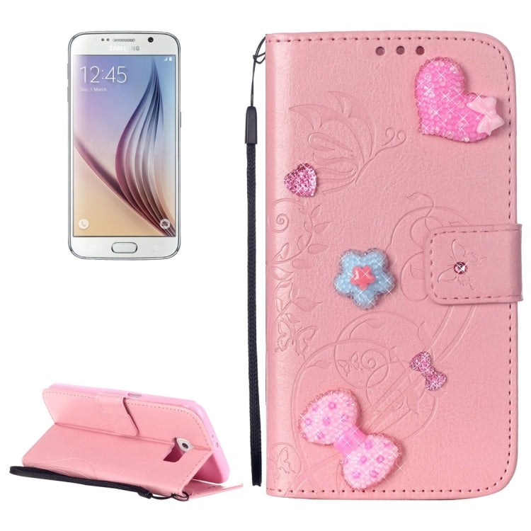 For Galaxy S6 / G920 Heart Diamond Encrusted Flowers Embossing Horizontal Flip Leather Case with Holder & Card Slots & Wallet & Lanyard