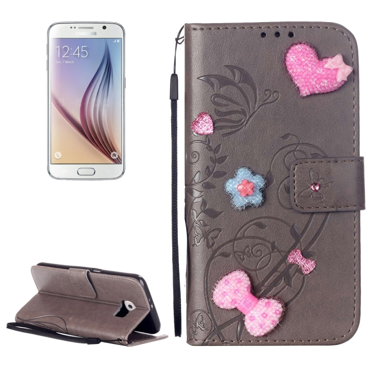 For Galaxy S6 / G920 Heart Diamond Encrusted Flowers Embossing Horizontal Flip Leather Case with Holder & Card Slots & Wallet & Lanyard