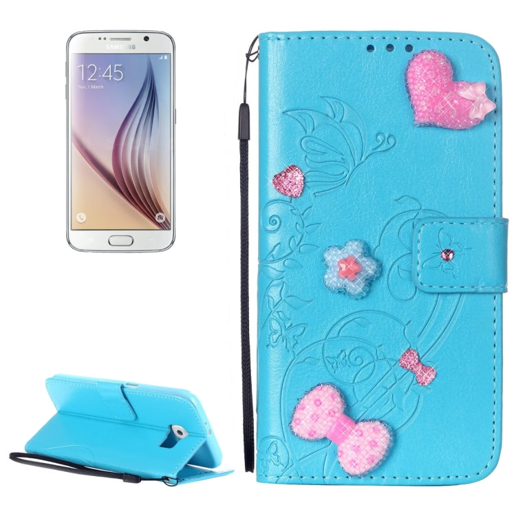 For Galaxy S6 / G920 Heart Diamond Encrusted Flowers Embossing Horizontal Flip Leather Case with Holder & Card Slots & Wallet & Lanyard