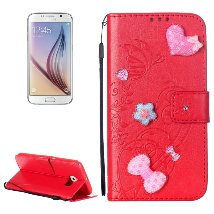 For Galaxy S6 / G920 Heart Diamond Encrusted Flowers Embossing Horizontal Flip Leather Case with Holder & Card Slots & Wallet & Lanyard