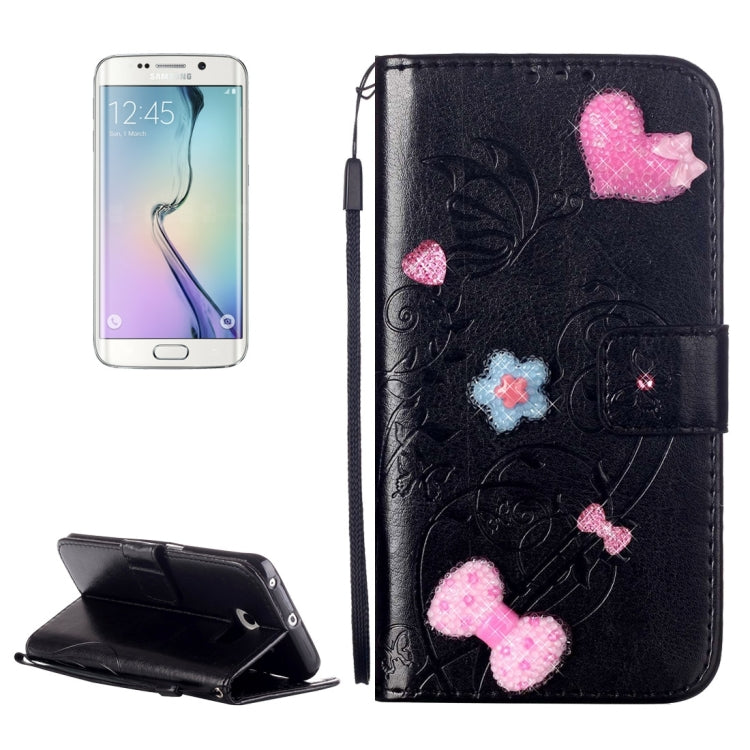 For Galaxy S6 Edge / G925 Heart Diamond Encrusted Flowers Embossing Horizontal Flip Leather Case with Holder & Card Slots & Wallet & Lanyard