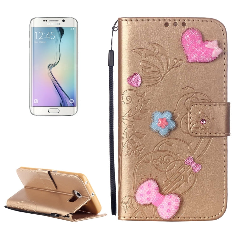 For Galaxy S6 Edge / G925 Heart Diamond Encrusted Flowers Embossing Horizontal Flip Leather Case with Holder & Card Slots & Wallet & Lanyard