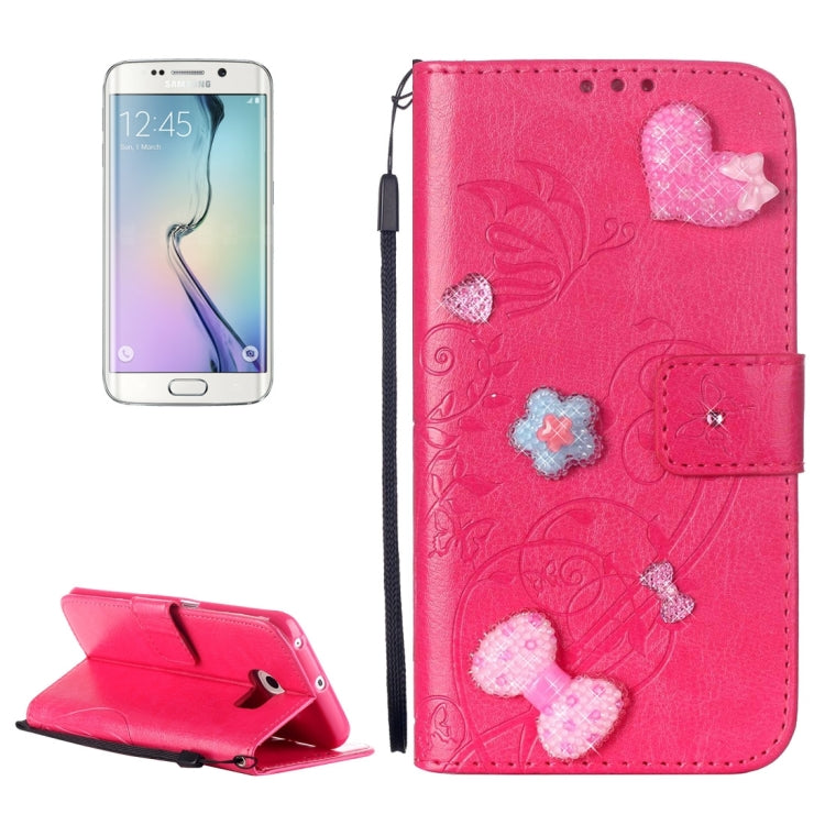 For Galaxy S6 Edge / G925 Heart Diamond Encrusted Flowers Embossing Horizontal Flip Leather Case with Holder & Card Slots & Wallet & Lanyard