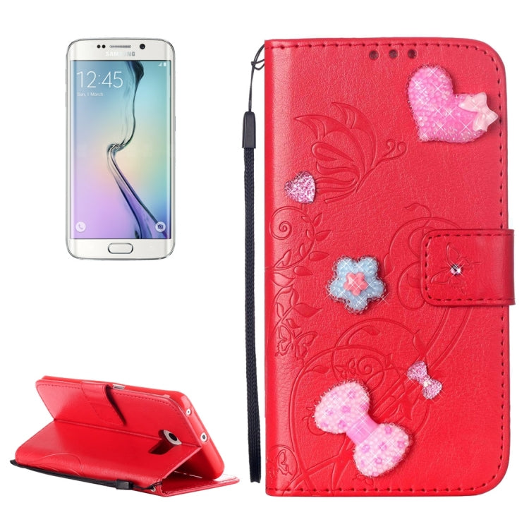 For Galaxy S6 Edge / G925 Heart Diamond Encrusted Flowers Embossing Horizontal Flip Leather Case with Holder & Card Slots & Wallet & Lanyard