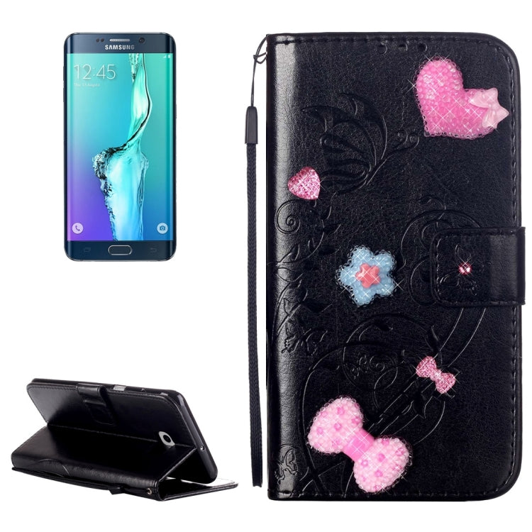 For Galaxy S6 Edge+ / G928 Heart Diamond Encrusted Flowers Embossing Horizontal Flip Leather Case with Holder & Card Slots & Wallet & Lanyard