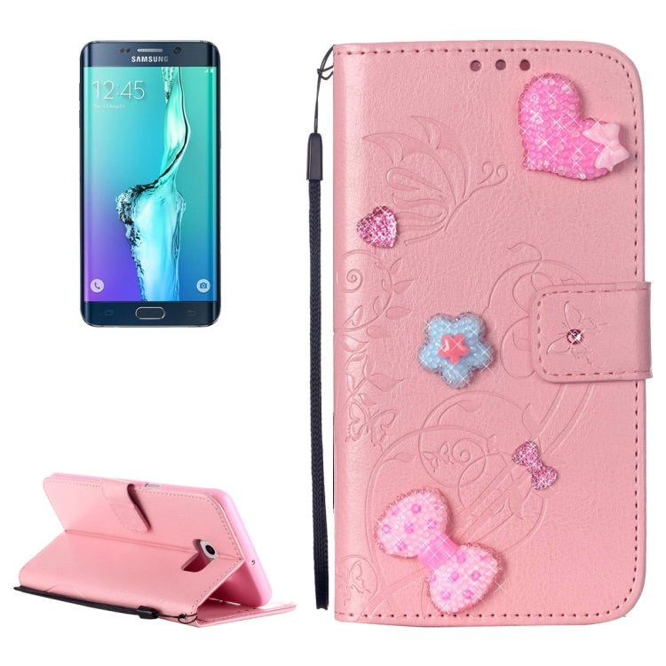 For Galaxy S6 Edge+ / G928 Heart Diamond Encrusted Flowers Embossing Horizontal Flip Leather Case with Holder & Card Slots & Wallet & Lanyard