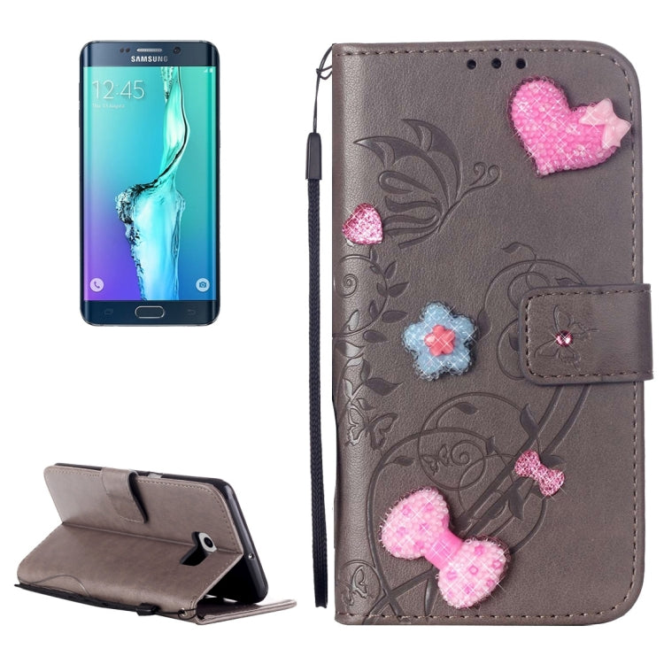 For Galaxy S6 Edge+ / G928 Heart Diamond Encrusted Flowers Embossing Horizontal Flip Leather Case with Holder & Card Slots & Wallet & Lanyard