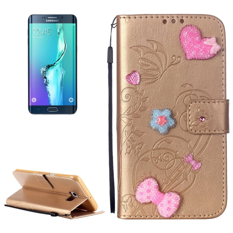 For Galaxy S6 Edge+ / G928 Heart Diamond Encrusted Flowers Embossing Horizontal Flip Leather Case with Holder & Card Slots & Wallet & Lanyard