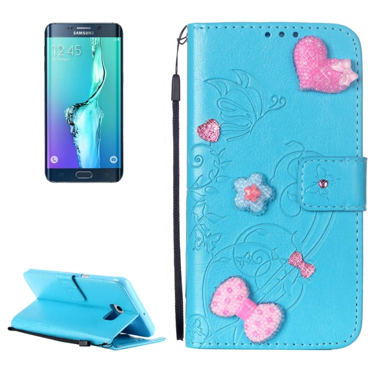 For Galaxy S6 Edge+ / G928 Heart Diamond Encrusted Flowers Embossing Horizontal Flip Leather Case with Holder & Card Slots & Wallet & Lanyard