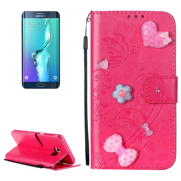 For Galaxy S6 Edge+ / G928 Heart Diamond Encrusted Flowers Embossing Horizontal Flip Leather Case with Holder & Card Slots & Wallet & Lanyard