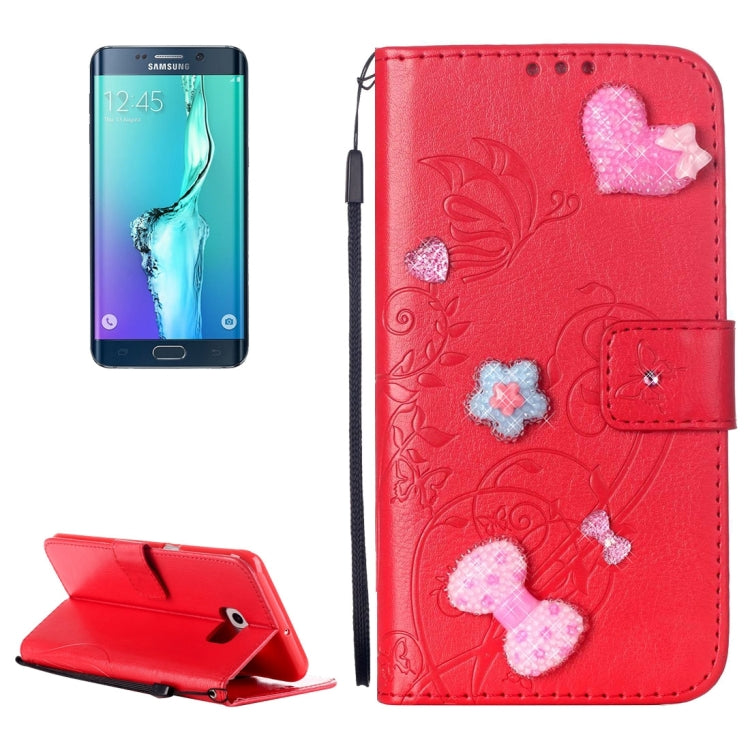 For Galaxy S6 Edge+ / G928 Heart Diamond Encrusted Flowers Embossing Horizontal Flip Leather Case with Holder & Card Slots & Wallet & Lanyard