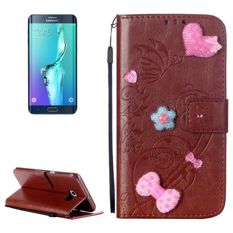 For Galaxy S6 Edge+ / G928 Heart Diamond Encrusted Flowers Embossing Horizontal Flip Leather Case with Holder & Card Slots & Wallet & Lanyard