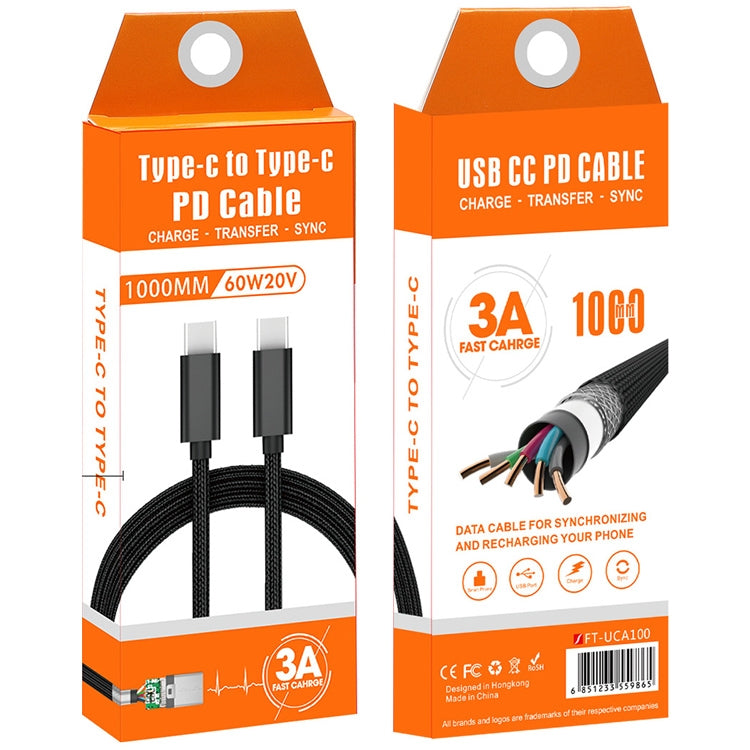 60W PD USB-C / Type-C Male to USB-C / Type-C Male Braided Data Cable, Cable Length: 1m
