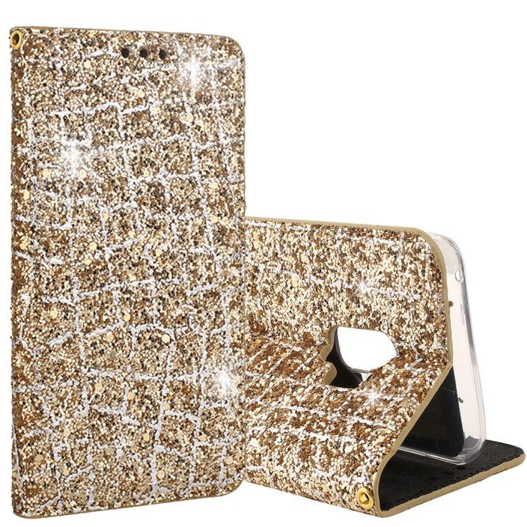Crack Texture Sequins Magnetic Horizontal Flip Leather Case with Holder & Card Slots (Black), For Galaxy S9