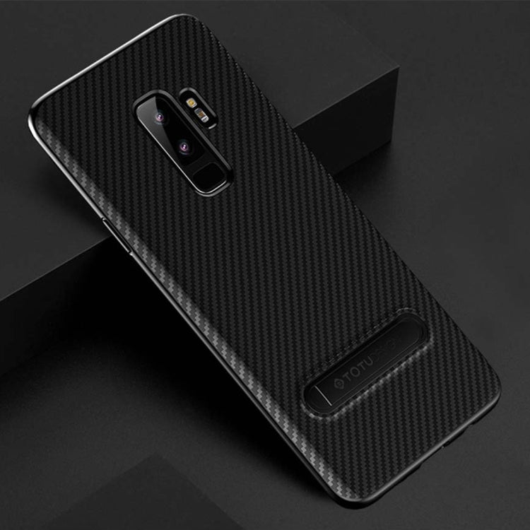 TOTUDESIGN Slim Series for Galaxy S9+ Carbon Fiber Texture TPU Protective Back Case with Holder
