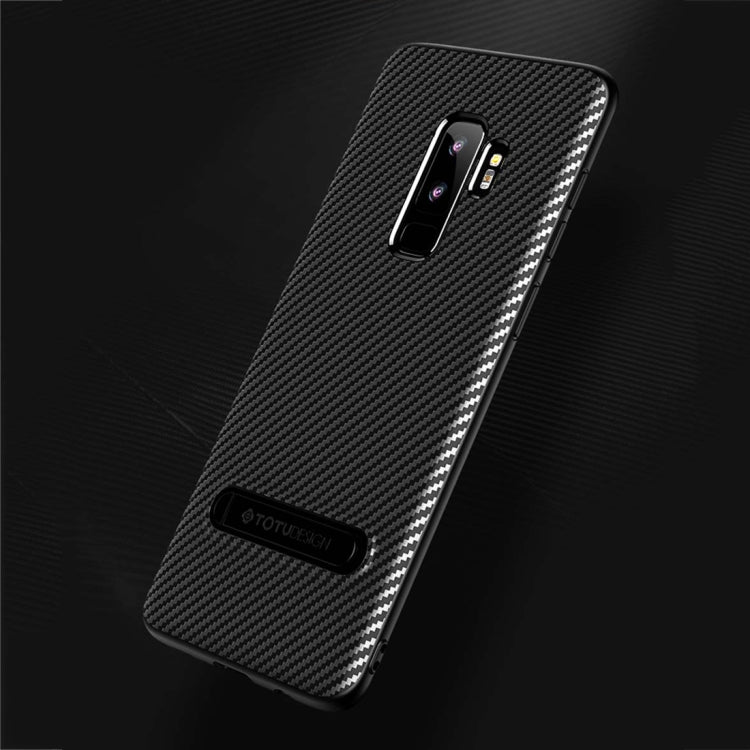 TOTUDESIGN Slim Series for Galaxy S9+ Carbon Fiber Texture TPU Protective Back Case with Holder