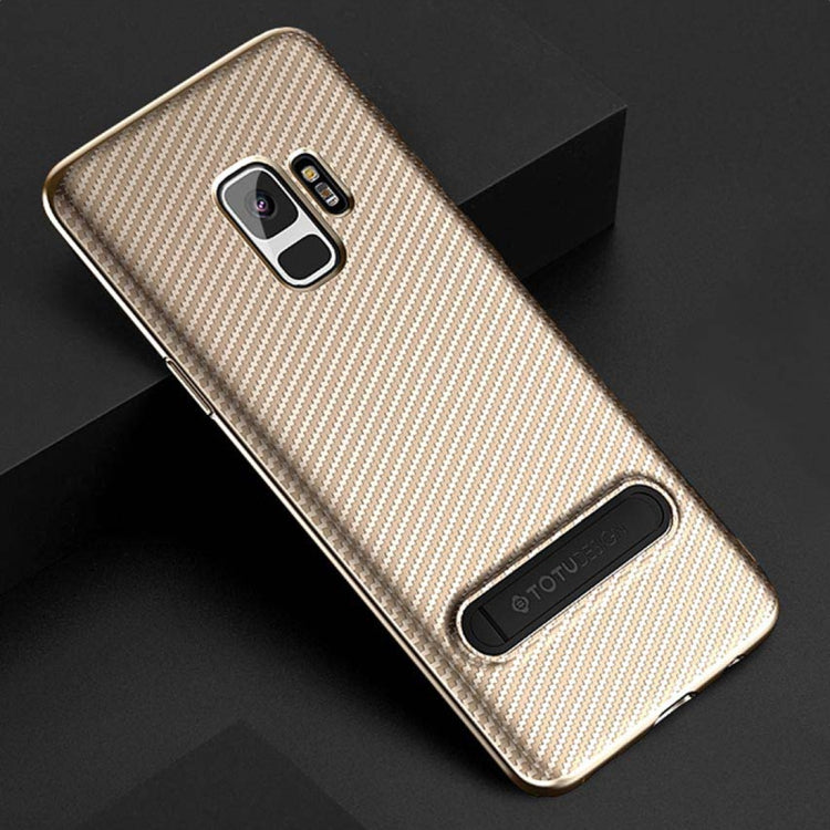 TOTUDESIGN Slim Series for Galaxy S9 Carbon Fiber Texture TPU Protective Back Case with Holder (Gold)