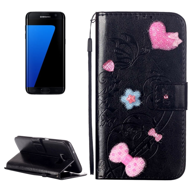 For Galaxy S7 Edge / G935 Heart Diamond Encrusted Flowers Embossing Horizontal Flip Leather Case with Holder & Card Slots & Wallet & Lanyard