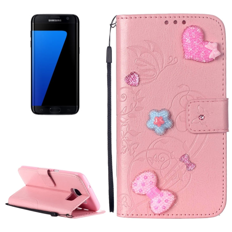 For Galaxy S7 Edge / G935 Heart Diamond Encrusted Flowers Embossing Horizontal Flip Leather Case with Holder & Card Slots & Wallet & Lanyard