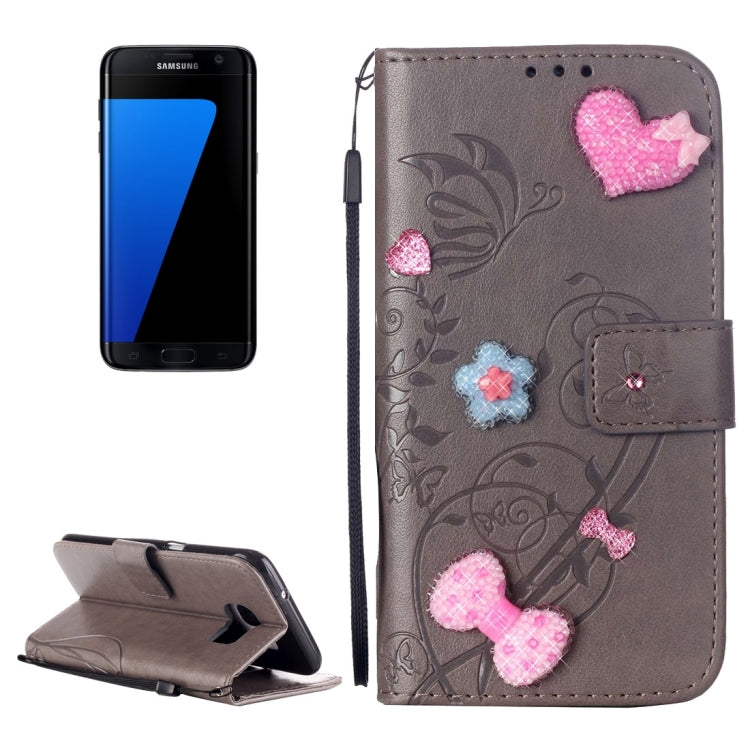 For Galaxy S7 Edge / G935 Heart Diamond Encrusted Flowers Embossing Horizontal Flip Leather Case with Holder & Card Slots & Wallet & Lanyard