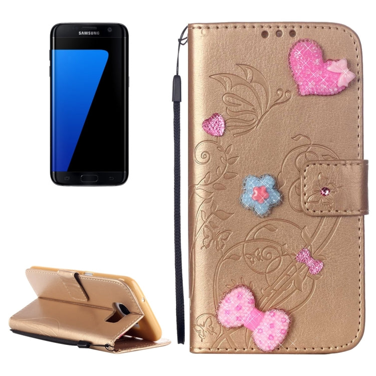 For Galaxy S7 Edge / G935 Heart Diamond Encrusted Flowers Embossing Horizontal Flip Leather Case with Holder & Card Slots & Wallet & Lanyard
