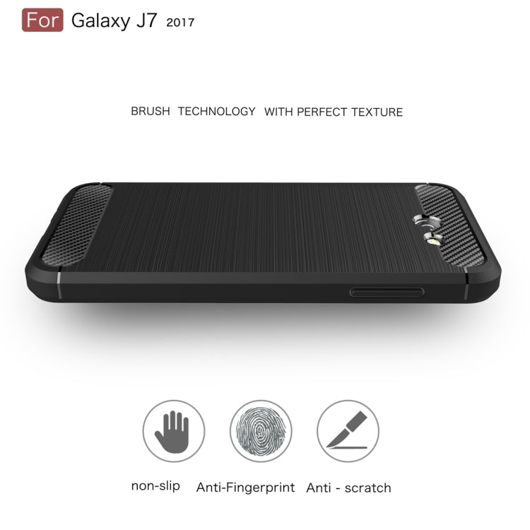 For Galaxy J7 (2017) (US Version) Brushed Carbon Fiber Texture Shockproof TPU Protective Cover Case