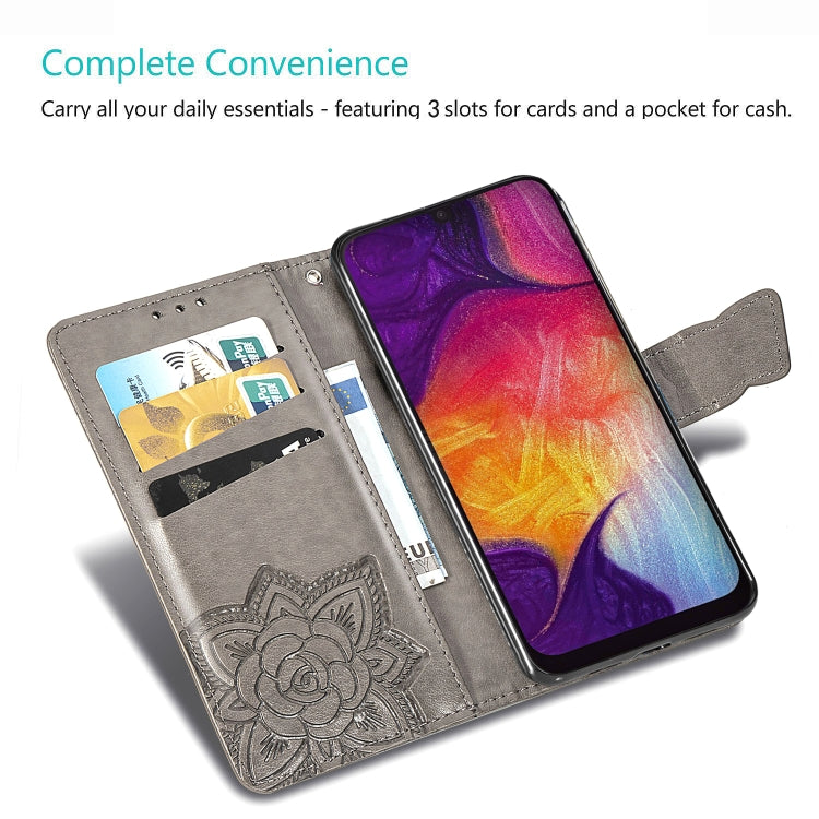 Butterfly Love Flowers Embossing Horizontal Flip Leather Case for Galaxy A50, with Holder & Card Slots & Wallet & Lanyard