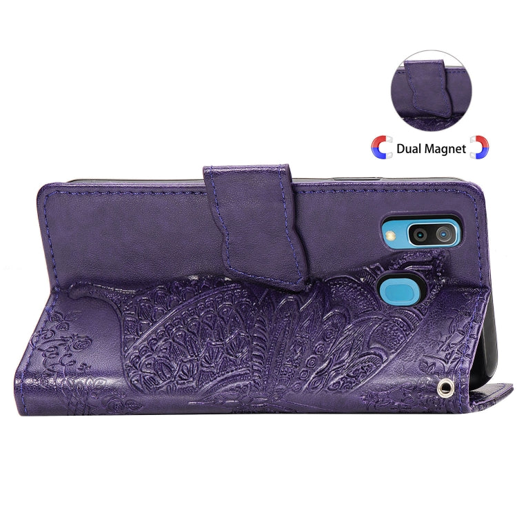 Butterfly Love Flowers Embossing Horizontal Flip Leather Case for Galaxy A40, with Holder & Card Slots & Wallet & Lanyard