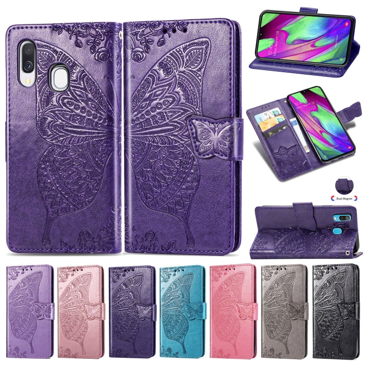 Butterfly Love Flowers Embossing Horizontal Flip Leather Case for Galaxy A40, with Holder & Card Slots & Wallet & Lanyard