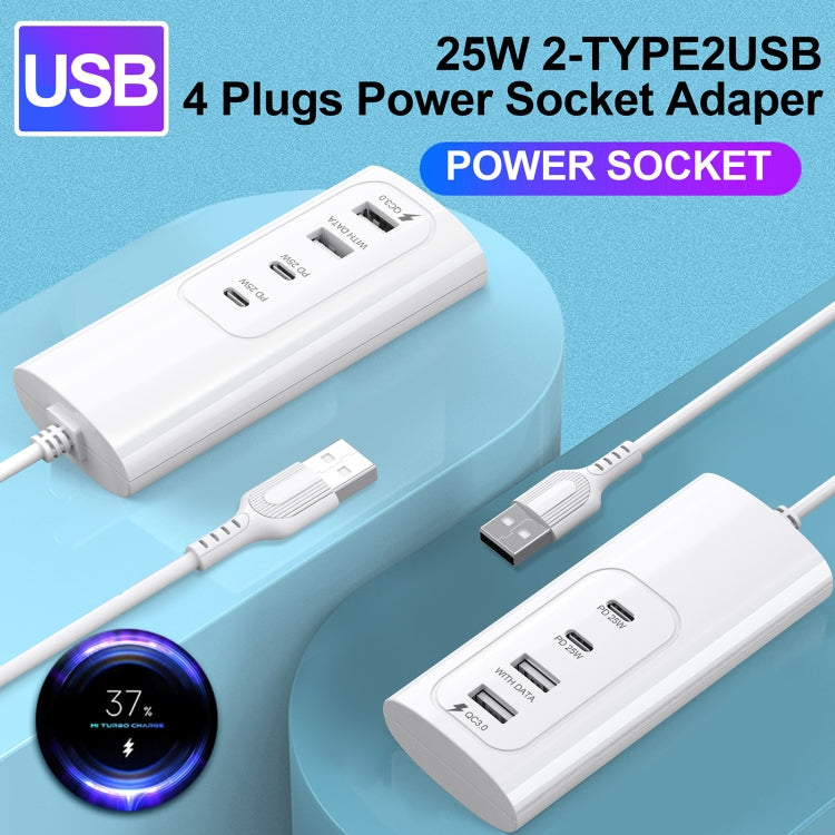 PD 20W Dual USB-C / Type-C + Dual USB 4-Ports Fast Charging Power Socket, USB Plug Cable Length: 30cm